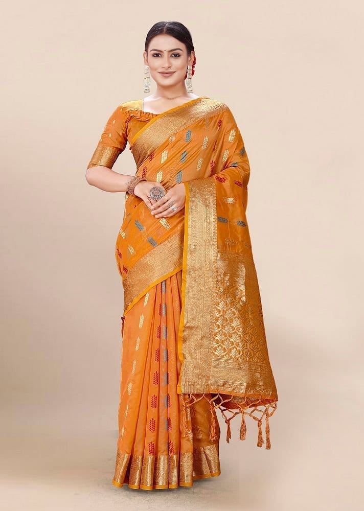 Woven Art Silk Saree in Orange - Sarees | Buy online on ZillyBuy
