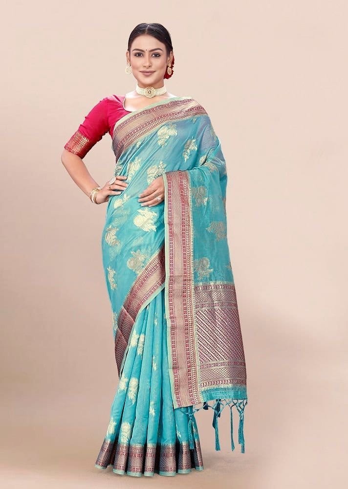 Woven Art Silk Saree in Sky Blue - Sarees | Buy online on ZillyBuy