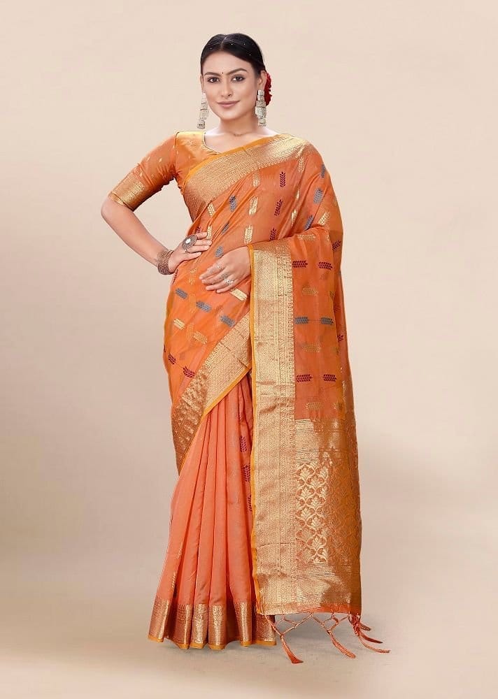 Woven Art Silk Saree in Peach - Sarees | Buy online on ZillyBuy