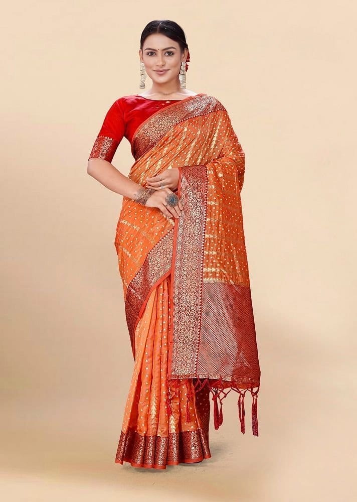 Woven Art Silk Saree in Orange - Sarees | Buy online on ZillyBuy