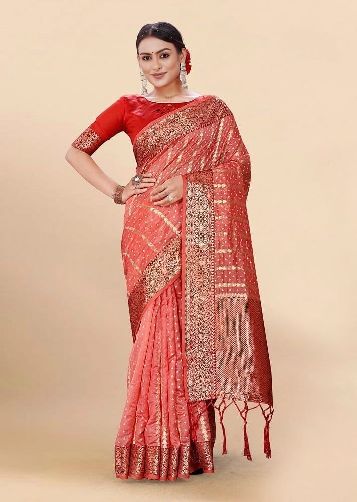 Woven Art Silk Saree in Dark Peach - Sarees | Buy online on ZillyBuy