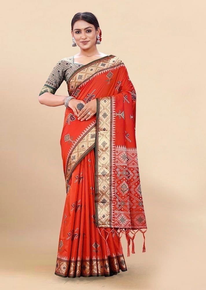 Woven Art Silk Saree in Orange - Sarees | Buy online on ZillyBuy