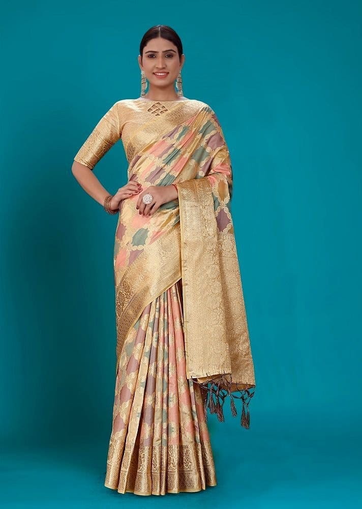 Woven Organza Saree in Beige and Multicolor