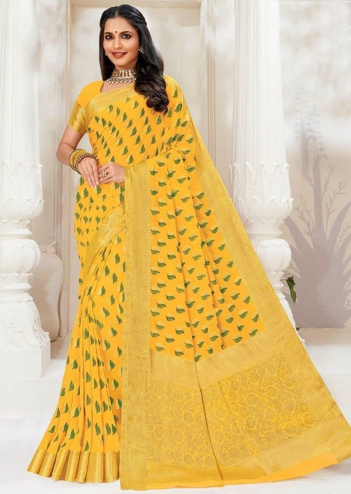 Pure Chiffon Saree In Yellow - Sarees | Buy online on ZillyBuy