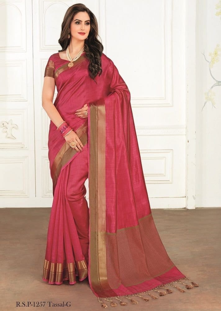 Woven Tussar Silk Saree in Coral Pink - Sarees | Buy online on ZillyBuy