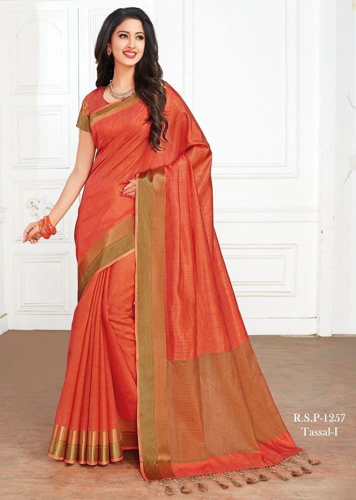 Woven Tussar Silk Saree in Rust - Sarees | Buy online on ZillyBuy