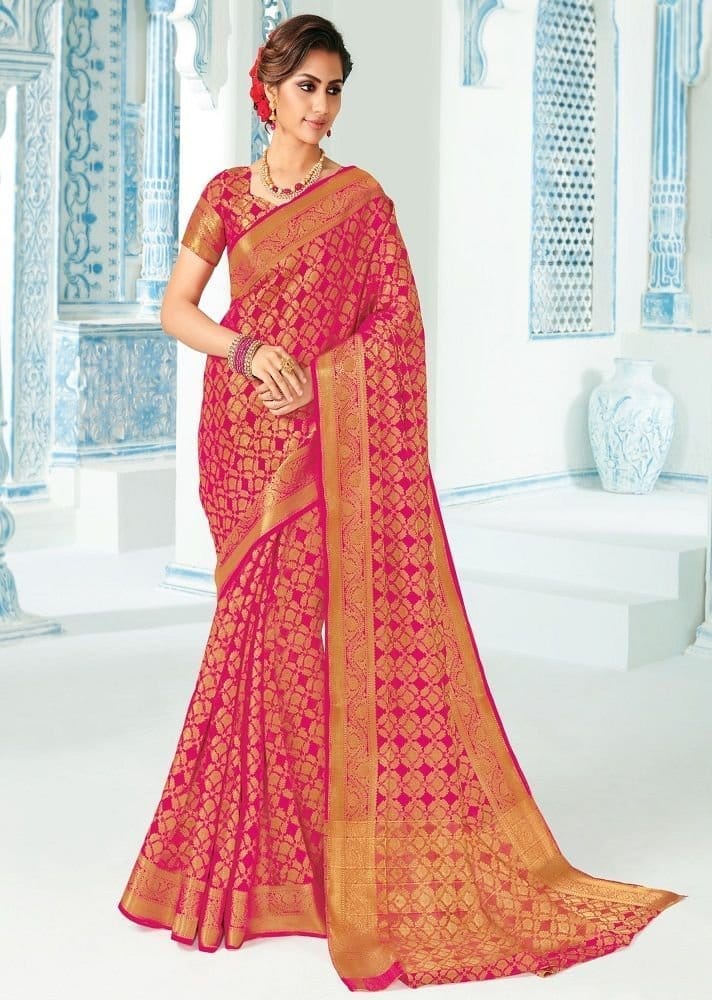 Woven Raw Silk Saree With Woven Zari Border And Woven Blouse - Sarees | Buy online on ZillyBuy