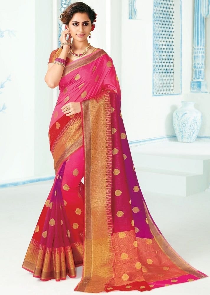 Woven Raw Silk Saree With Woven Zari Border And Woven Blouse - Sarees | Buy online on ZillyBuy