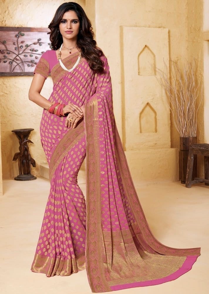 Taffy Pink Zari Woven Chiffon Saree - Sarees | Buy online on ZillyBuy