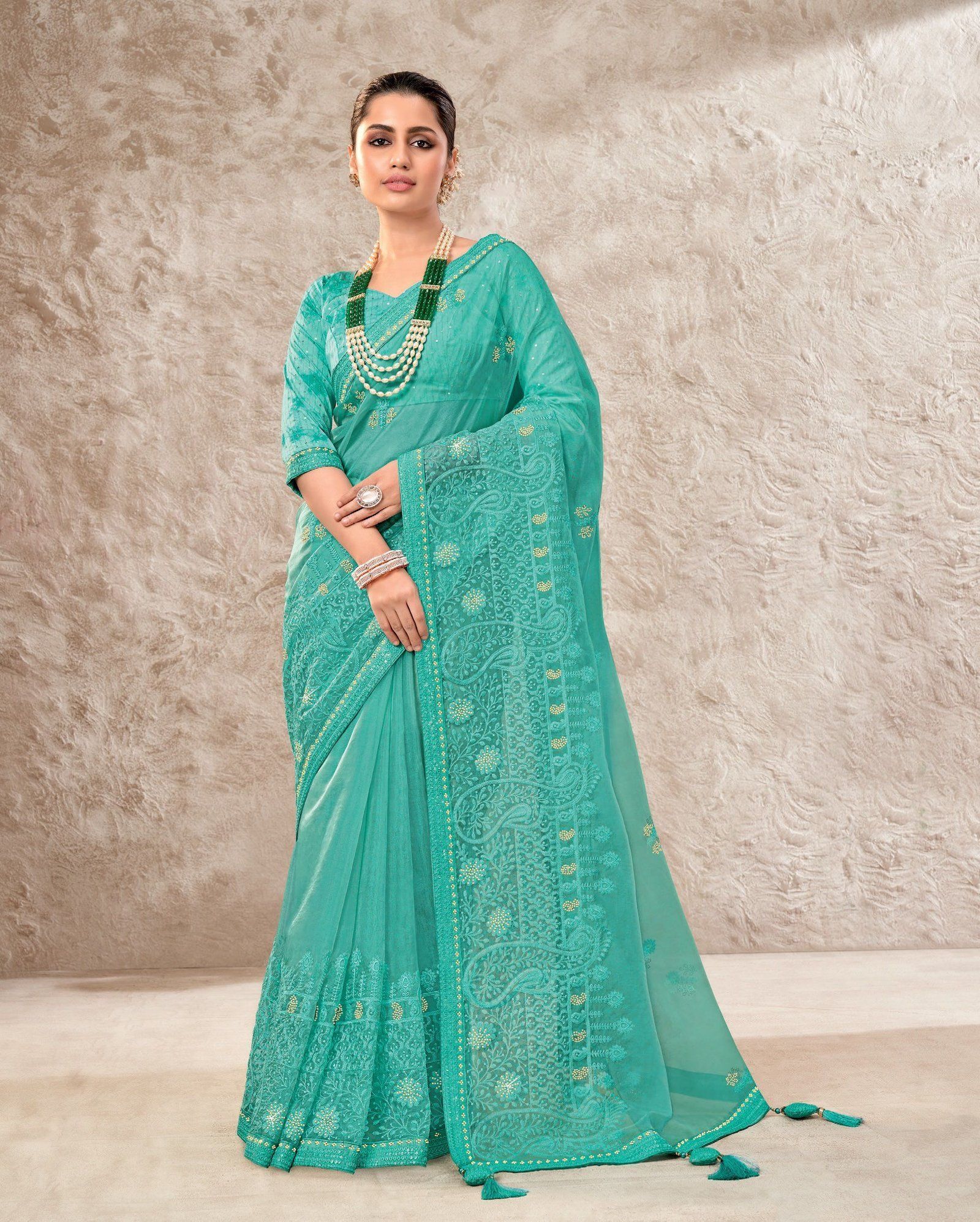 Turquoise Color ORGANZA SAREES And Fancy Blouse Piece