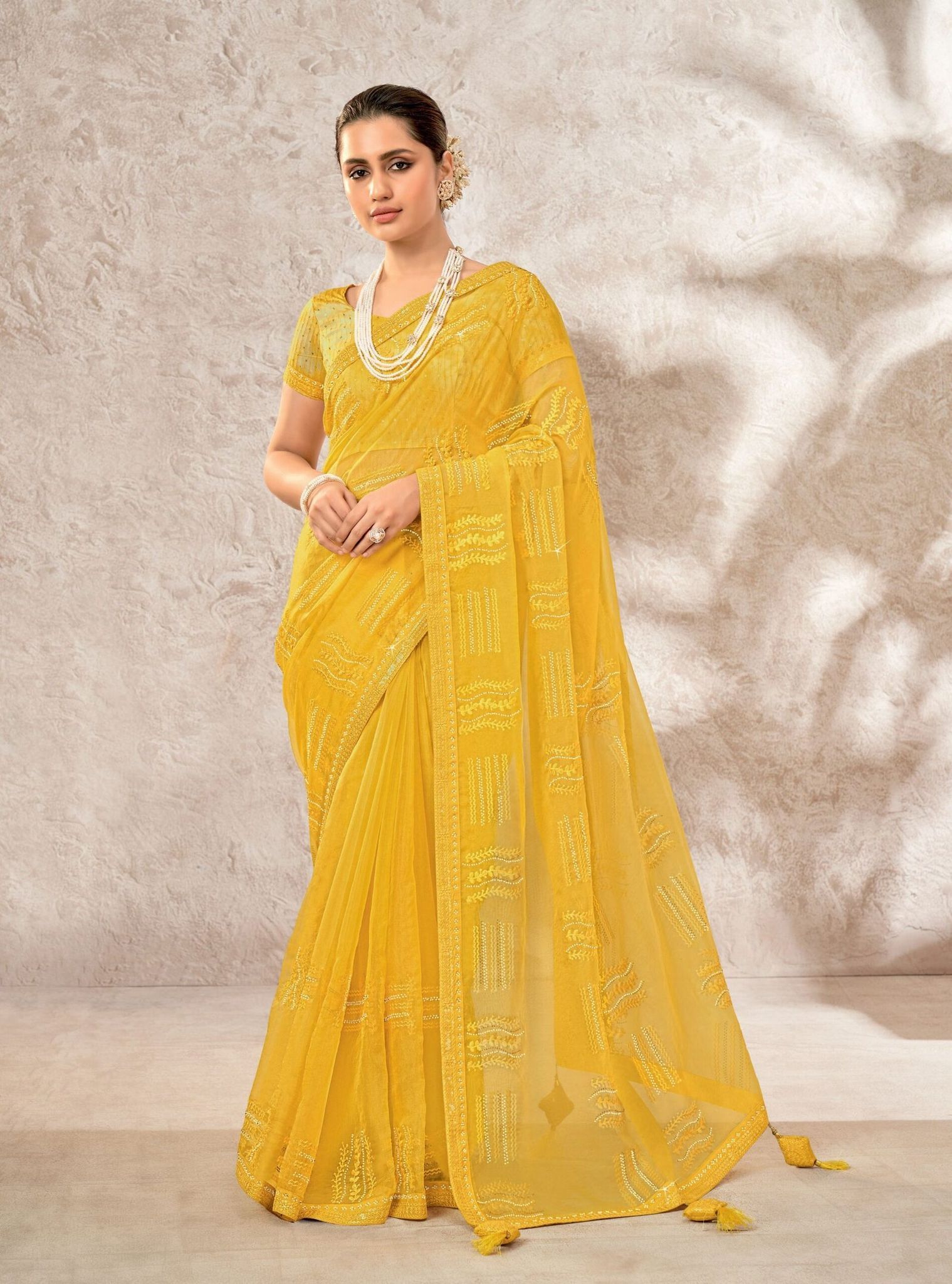 Yellow Color ORGANZA SAREES And Fancy Blouse Piece