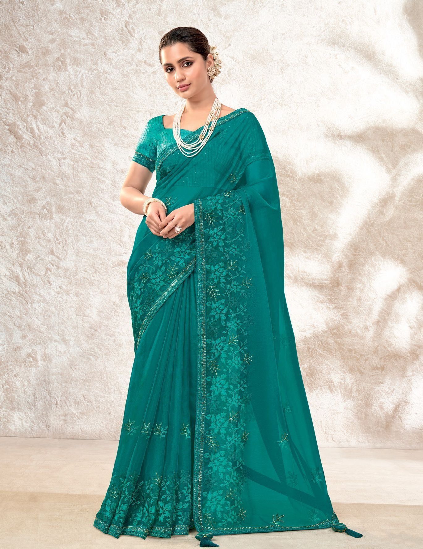 Teal Color ORGANZA SAREES And Fancy Blouse Piece