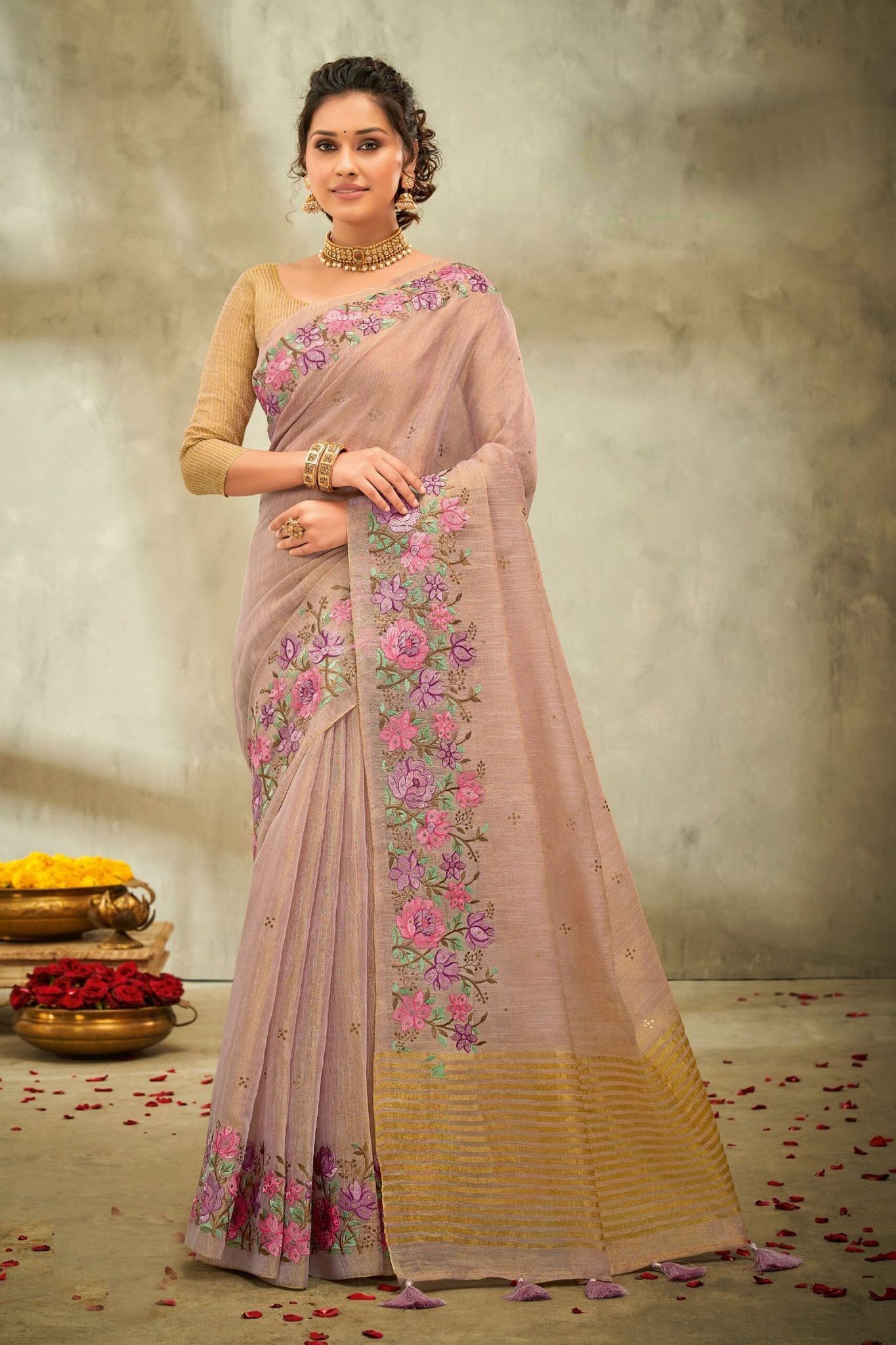 Peach Color Linen Tissue Saree And Fancy Blouse Piece