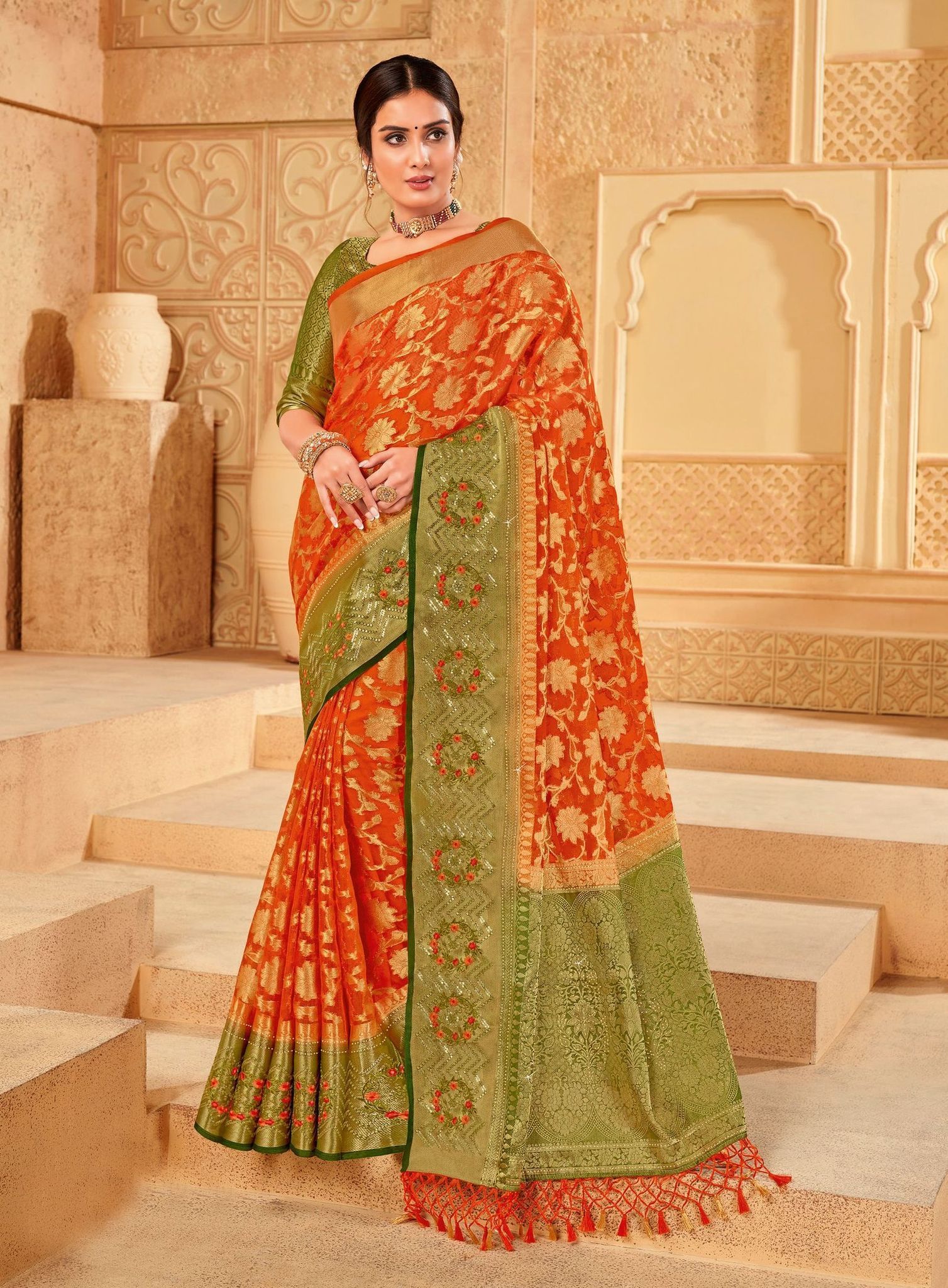 Orange Color ORGANZA SAREES With Woven Zari Work Border And Blouse Piece