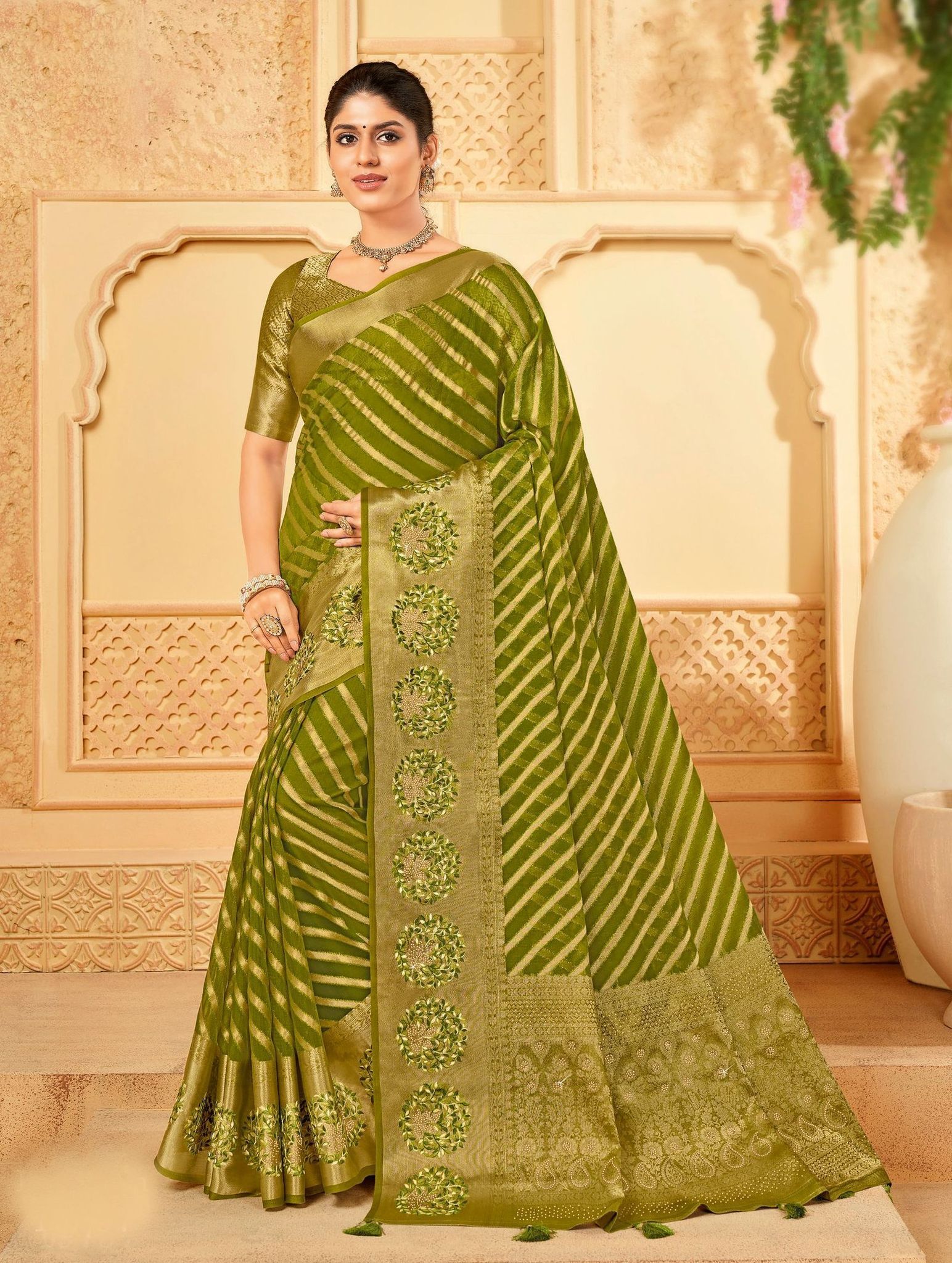 Olive Green Color ORGANZA SAREES With Woven Zari Work Border And Blouse Piece