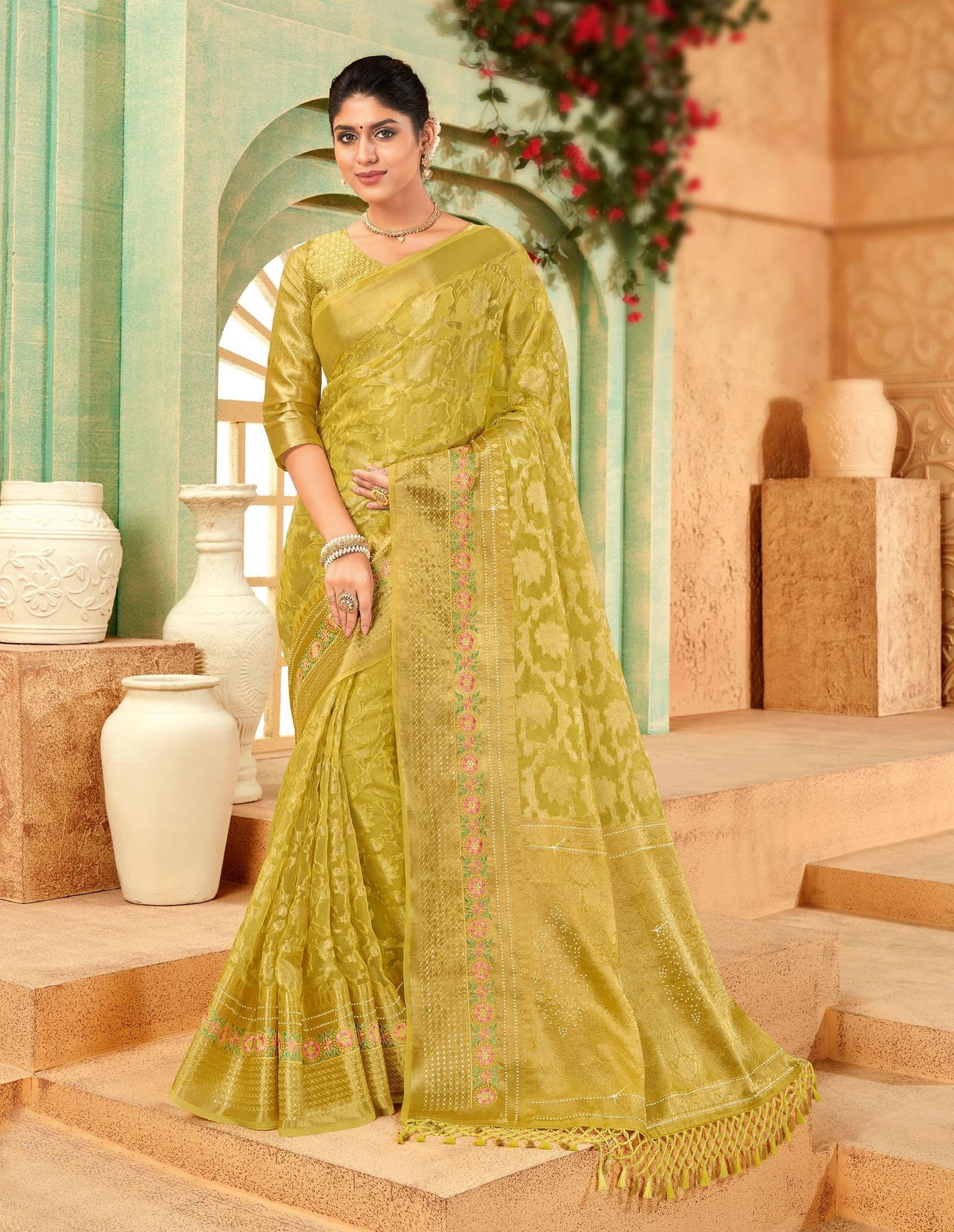 Yellow Color ORGANZA SAREES With Woven Zari Work Border And Blouse Piece