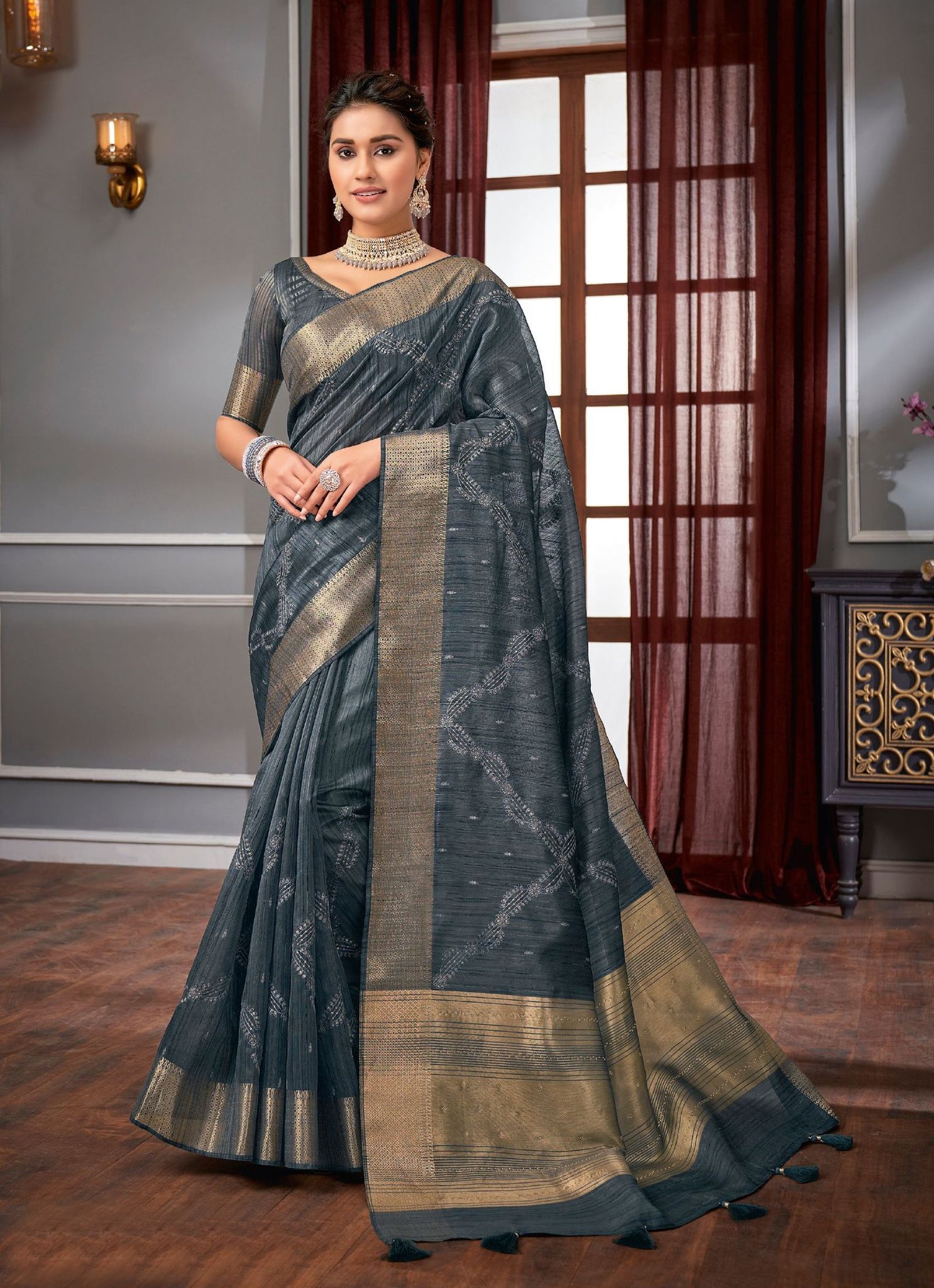 Grey Color Linen Tassar Silk Saree With Border And Fancy Running Blouse Piece
