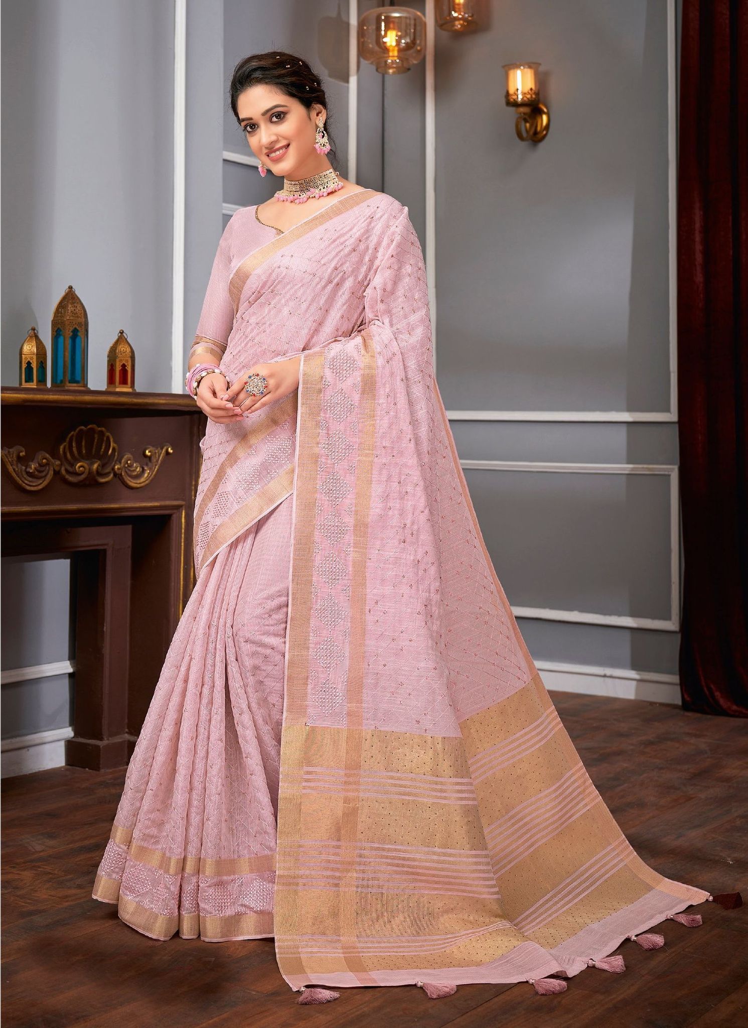 Pink Color Linen Tassar Silk Saree With Border And Fancy Running Blouse Piece