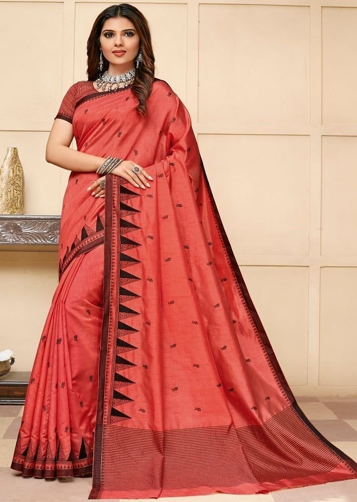 Embroidered Tussar Silk Saree With Zari Border And Embroidered Blouse Material - Sarees | Buy online on ZillyBuy