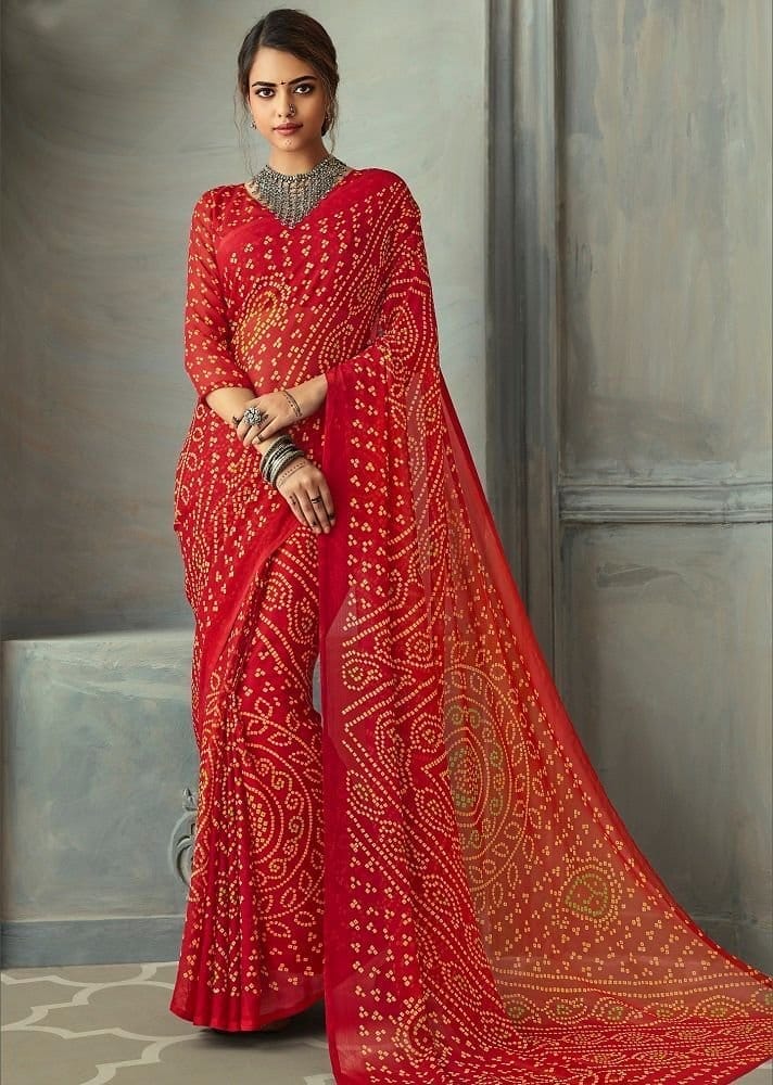 Bandhej Printed Chiffon Saree in Red - Sarees | Buy online on ZillyBuy