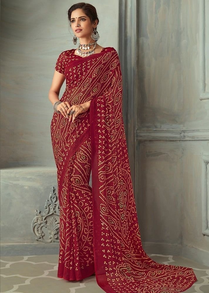 Bandhej Printed Chiffon Saree in Maroon - Sarees | Buy online on ZillyBuy