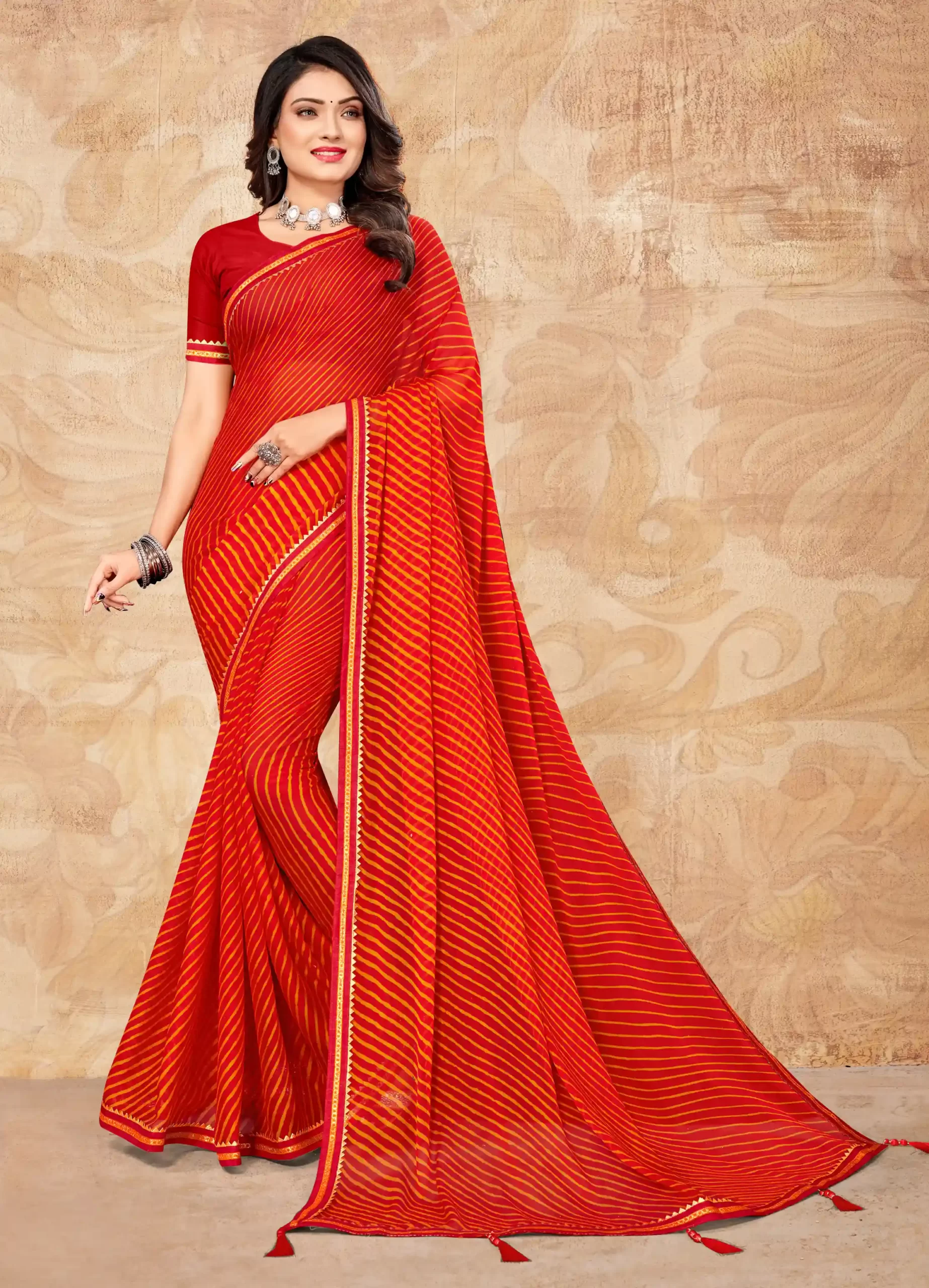 Red Chiffon Printed Saree With Attached Zari Woven Border Tassal Pallu And Red Fancy Printed Blouse Material , Daily Wear.