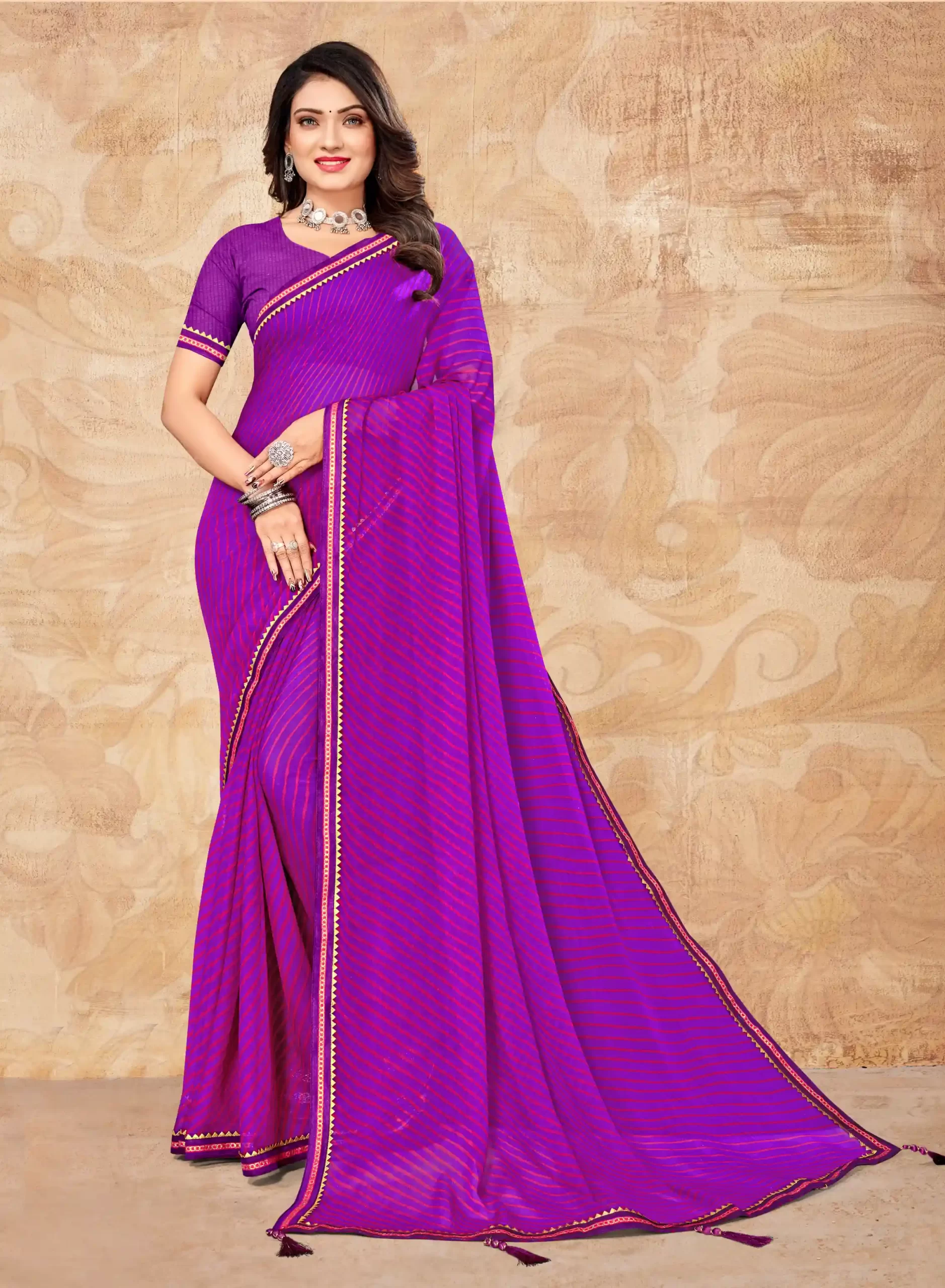 Purple Chiffon Printed Saree With Attached Zari Woven Border Tassal Pallu And Purple Fancy Printed Blouse Material , Daily Wear.