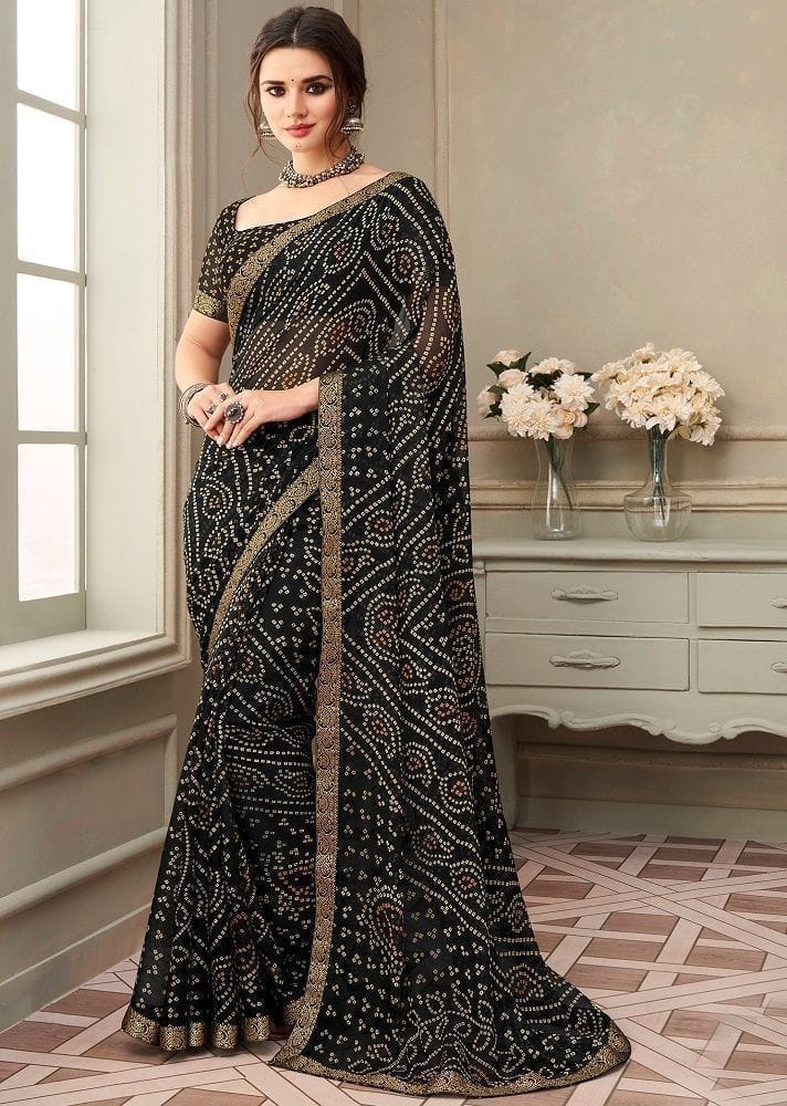 Bandhej Printed Chiffon Saree in Black - Sarees | Buy online on ZillyBuy