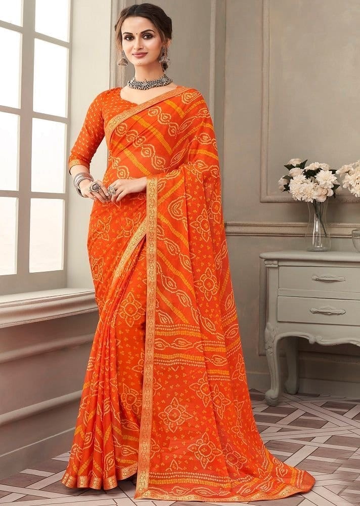 Bandhej Printed Chiffon Saree in Orange - Sarees | Buy online on ZillyBuy