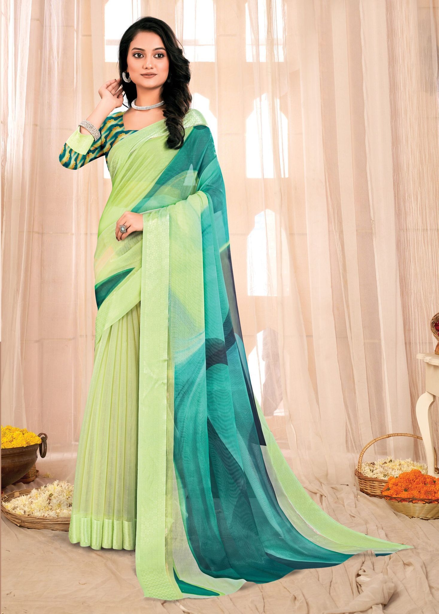 Purple Color Digital Print Chanderi Silk Saree With Fancy Border And Fancy Digital Print Blouse Piece