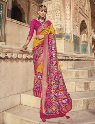 Vipul Multicolor Patola Special SILK SAREES With Value Addition On Pallu Also And Pink Fancy Print Blouse Material.