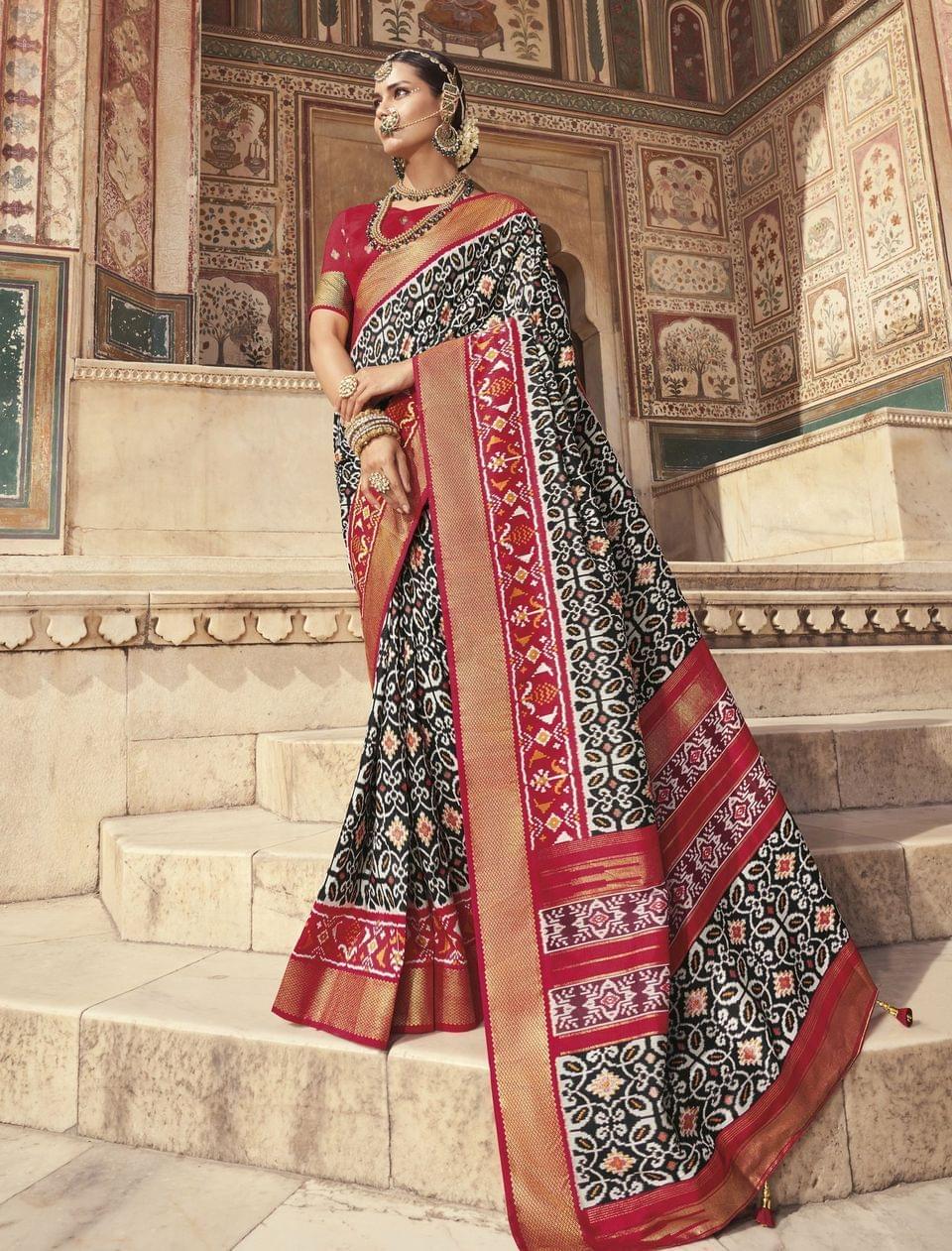 Vipul Multicolor Patola Special SILK SAREES With Value Addition On Pallu Also And Red Fancy Print Blouse Material.
