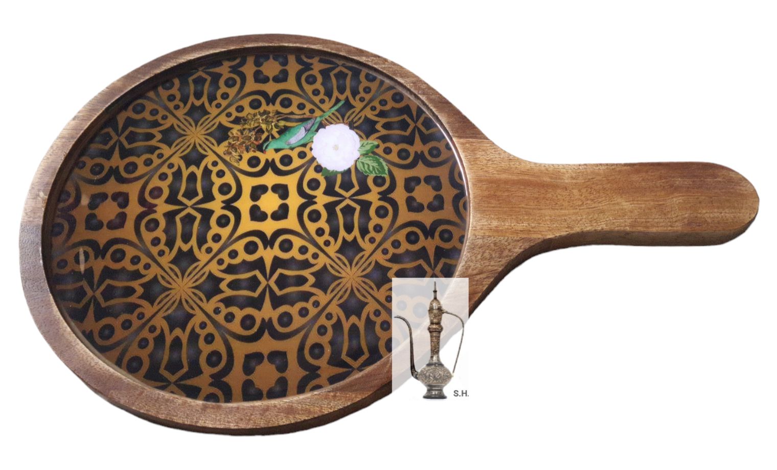 Sara Home Mango Wood Serving Pizza  Platter/Chipdip/Dosa/Chees/Snacks Tray Printed Enamel Serving Platter with Handle Appetizer Plate Serving Platter