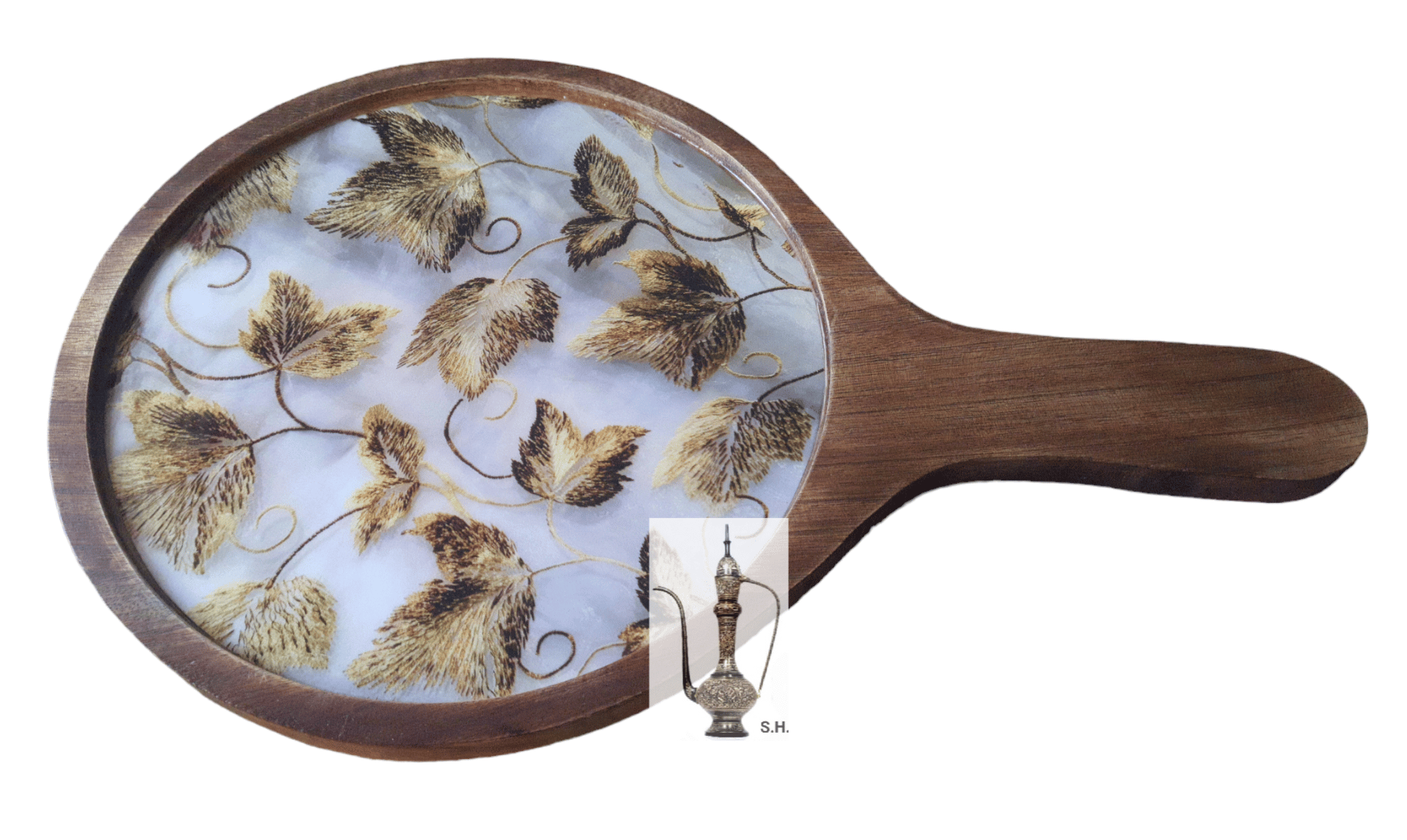 Sara Home Mango Wood Serving Pizza Platter/Chipdip/Dosa/Chees/Snacks Tray Printed Enamel Serving Platter with Handle Appetizer Plate Serving Platter