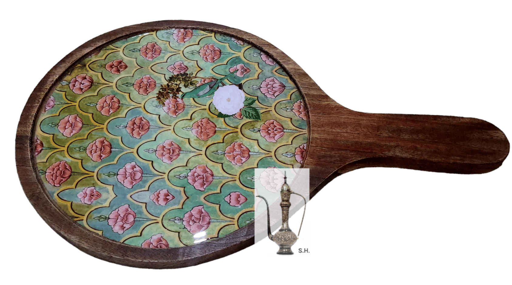 Sara Home Mango Wood Serving Pizza Platter/Chipdip/Dosa/Chees/Snacks Tray Printed Enamel Serving Platter with Handle Appetizer Plate Serving Platter