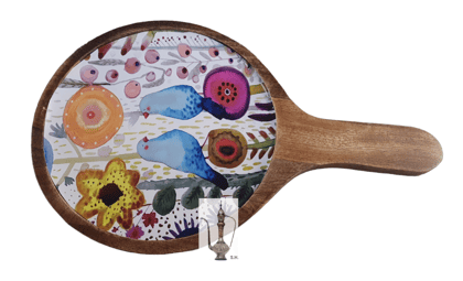 Sara Home Mango Wood Serving Pizza Platter/Chipdip/Dosa/Chees/Snacks Tray Printed Enamel Serving Platter with Handle Appetizer Plate Serving Platter