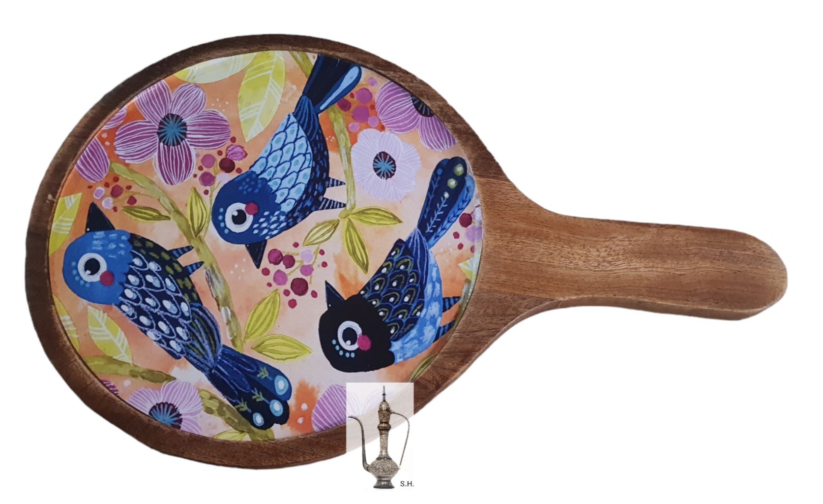 Sara Home Mango Wood Serving Pizza Platter/Chipdip/Dosa/Chees/Snacks Tray Printed Enamel Serving Platter with Handle Appetizer Plate Serving Platter