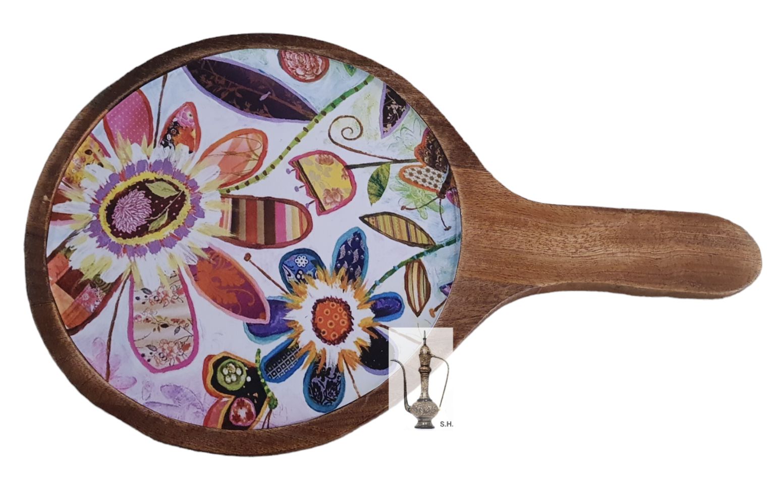 Sara Home Mango Wood Serving Pizza Platter/Chipdip/Dosa/Chees/Snacks Tray Printed Enamel Serving Platter with Handle Appetizer Plate Serving Platter