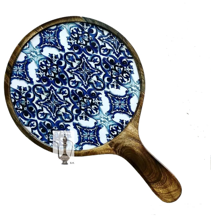 Sara Home Mango Wood Serving Pizza  Platter/Chipdip/Dosa/Chees/Snacks Tray Printed Enamel Serving Platter with Handle Appetizer Plate Serving Platter