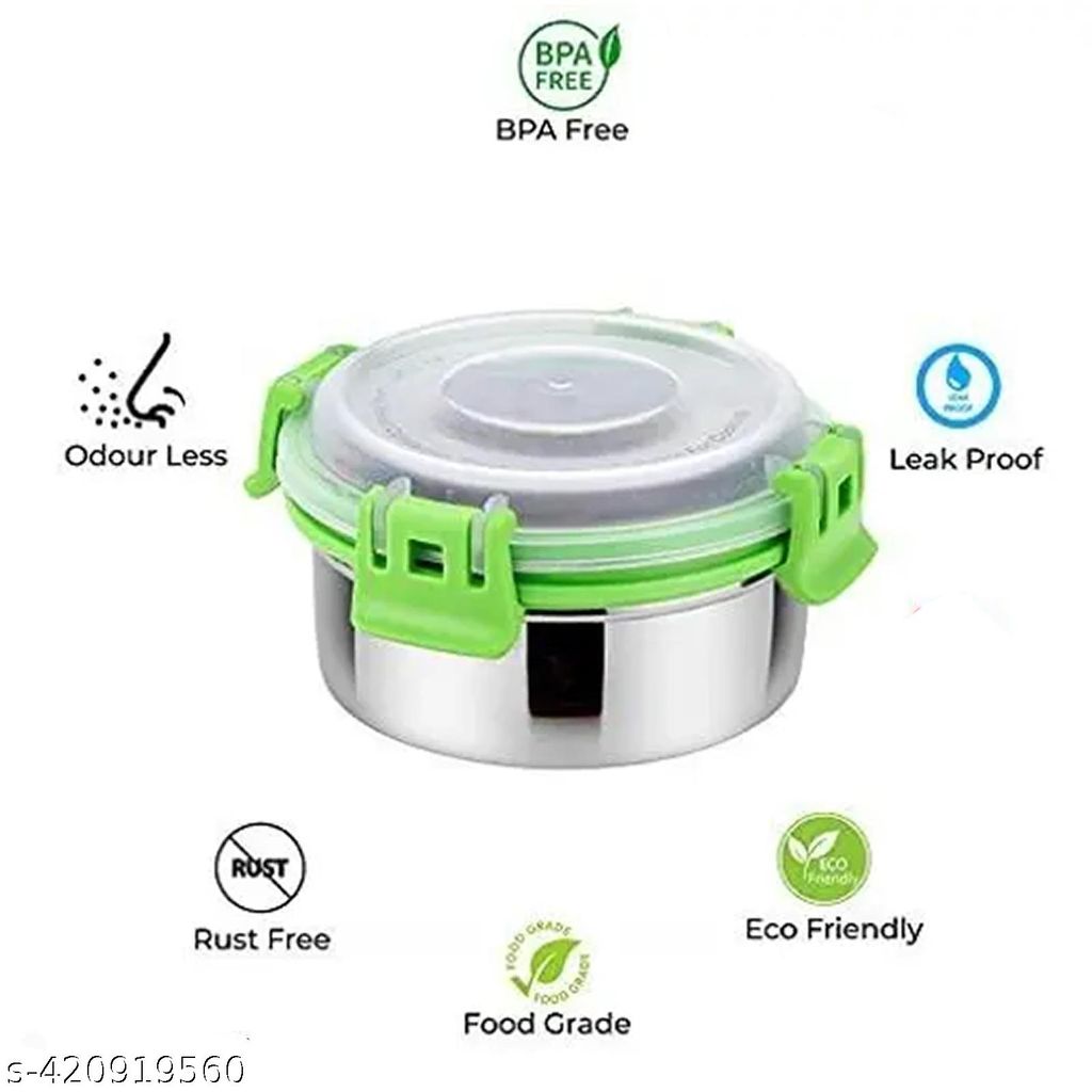 Prabha Green Stainless Steel Airtight Leak proof Lock N Lock Storage | Tiffin Bowl | Lunch Box 425 ml (Set of 2)