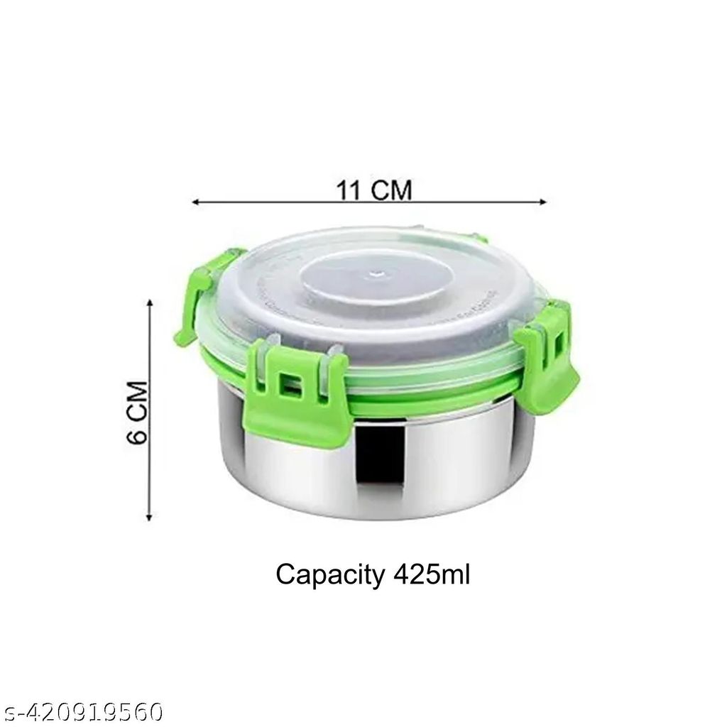Prabha Green Stainless Steel Airtight Leak proof Lock N Lock Storage | Tiffin Bowl | Lunch Box 425 ml (Set of 2)