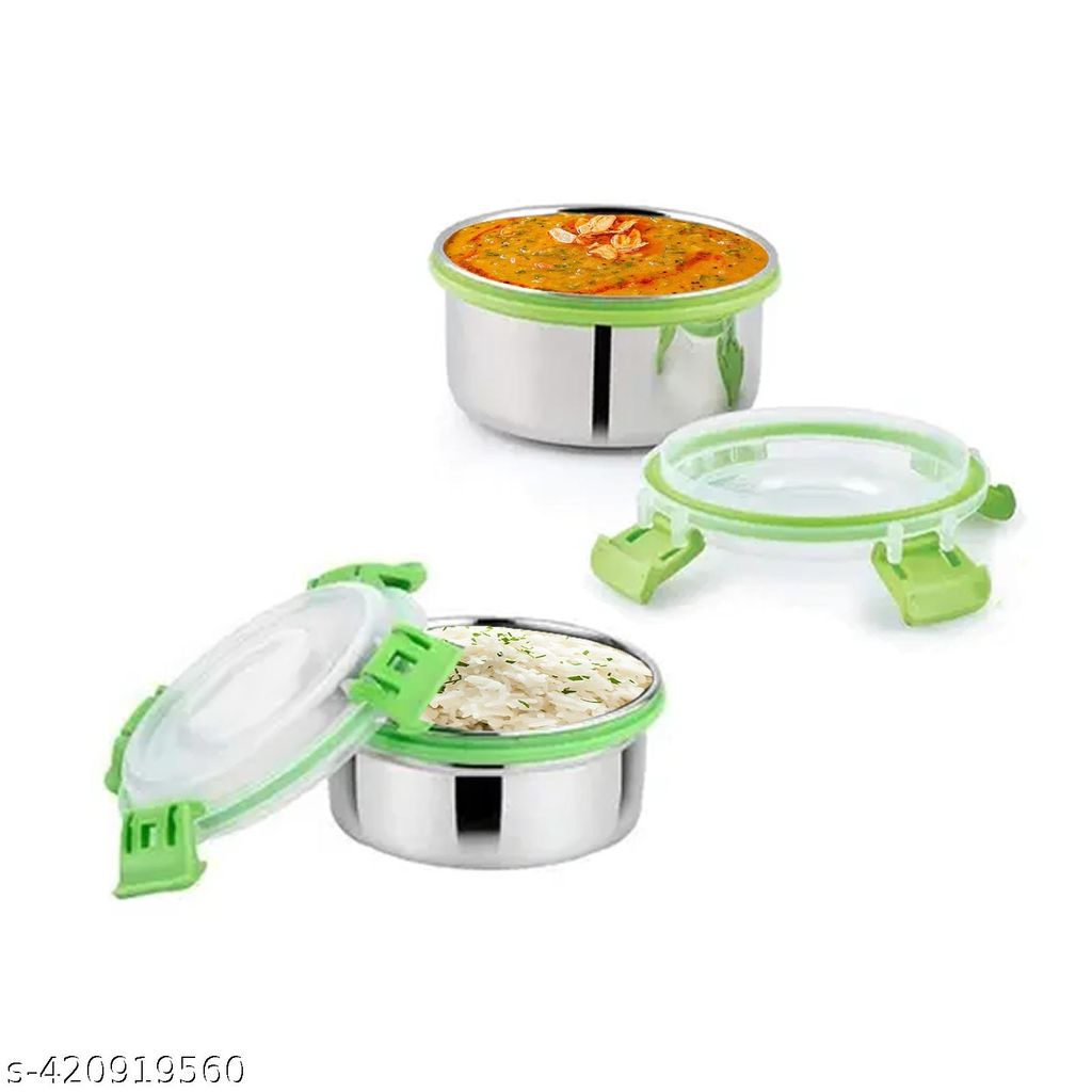 Prabha Green Stainless Steel Airtight Leak proof Lock N Lock Storage | Tiffin Bowl | Lunch Box 425 ml (Set of 2)