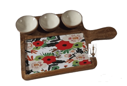 Sara Home Mango Wood Serving Chipdip/Dosa/Chees/Snacks Tray Printed Enamel Serving Platter with Handle Appetizer Plate Serving Platter With 3 Bowls