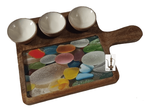 Sara Home Mango Wood Serving Chipdip/Dosa/Chees/Snacks Tray Printed Enamel Serving Platter with Handle Appetizer Plate Serving Platter With 3 Bowls