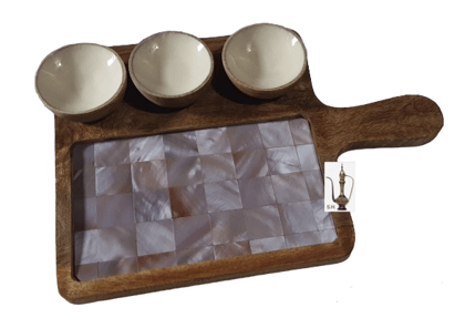 Sara Home Mango Wood Serving Chipdip/Dosa/Chees/Snacks Tray Printed Enamel Serving Platter with Handle Appetizer Plate Serving Platter With 3 Bowls