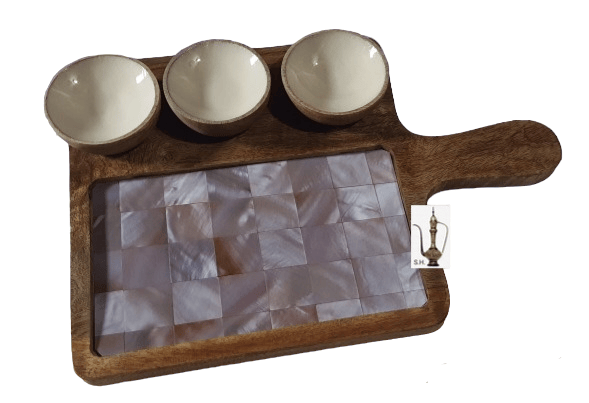 Sara Home Mango Wood Serving Chipdip/Dosa/Chees/Snacks Tray Printed Enamel Serving Platter with Handle Appetizer Plate Serving Platter With 3 Bowls
