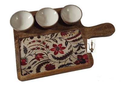 Sara Home Mango Wood Serving Chipdip/Dosa/Chees/Snacks Tray Printed Enamel Serving Platter with Handle Appetizer Plate Serving Platter With 3 Bowls