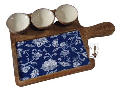 Sara Home Mango Wood Serving Chipdip/Dosa/Chees/Snacks Tray Printed Enamel Serving Platter with Handle Appetizer Plate Serving Platter With 3 Bowls