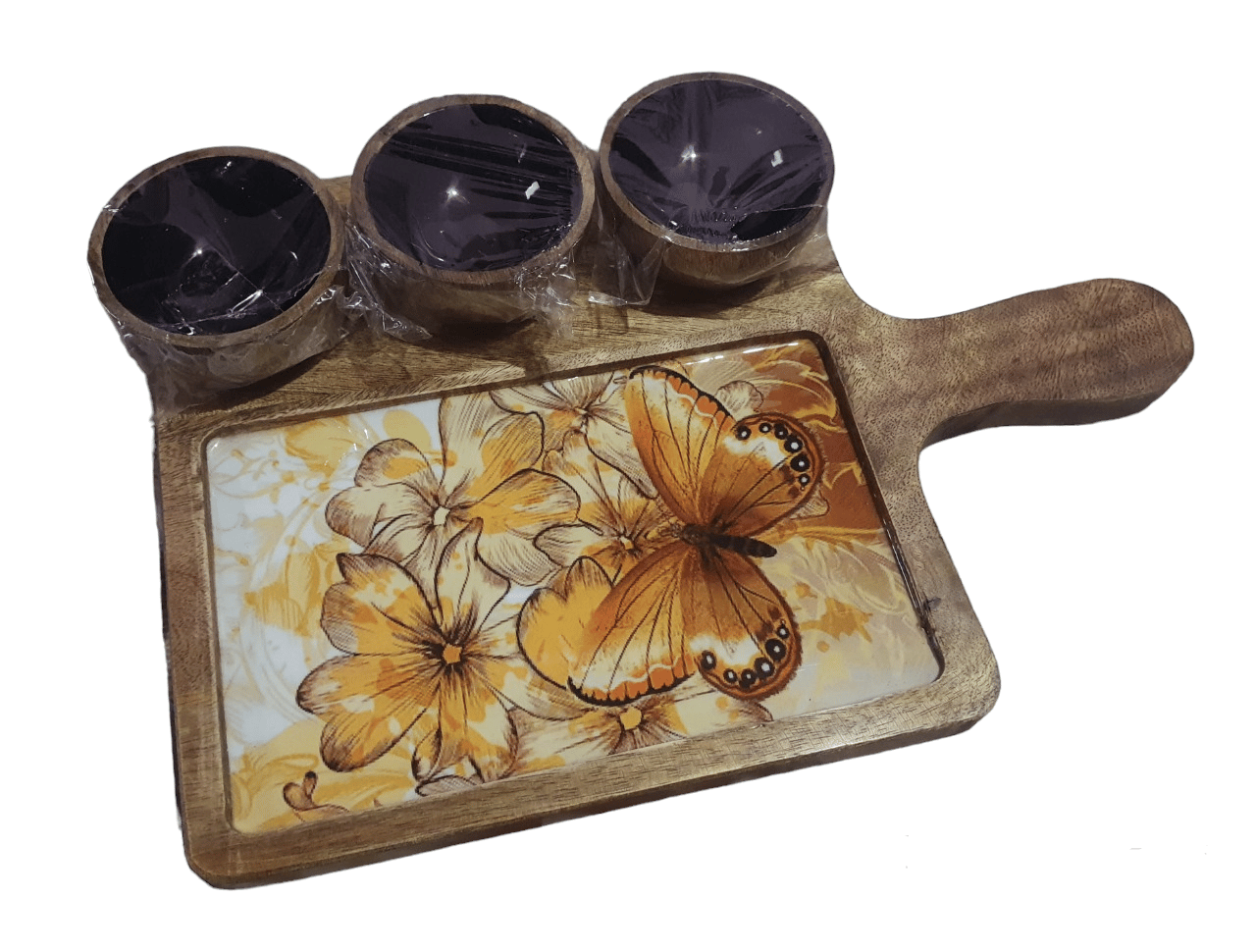 Sara Home Mango Wood Serving Chipdip/Dosa/Chees/Snacks Tray Printed Enamel Serving Platter with Handle Appetizer Plate Serving Platter With 3 Bowls