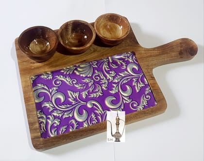 Sara Home Mango Wood Serving Chipdip/Dosa/Chees/Snacks Tray Printed Enamel Serving Platter with Handle Appetizer Plate Serving Platter With 3 Bowls